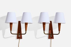 Dänischer Designer, Wall Lights, Messing, Teakholz, Stoff, Dänemark, 1950er Jahre