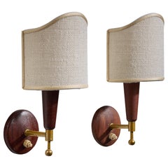 Danish Designer, Wall Lights, Brass, Teak, Fabric, Denmark, 1950s