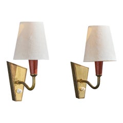 Danish Designer, Wall Lights, Brass, Teak, Parchment, Denmark, 1950s
