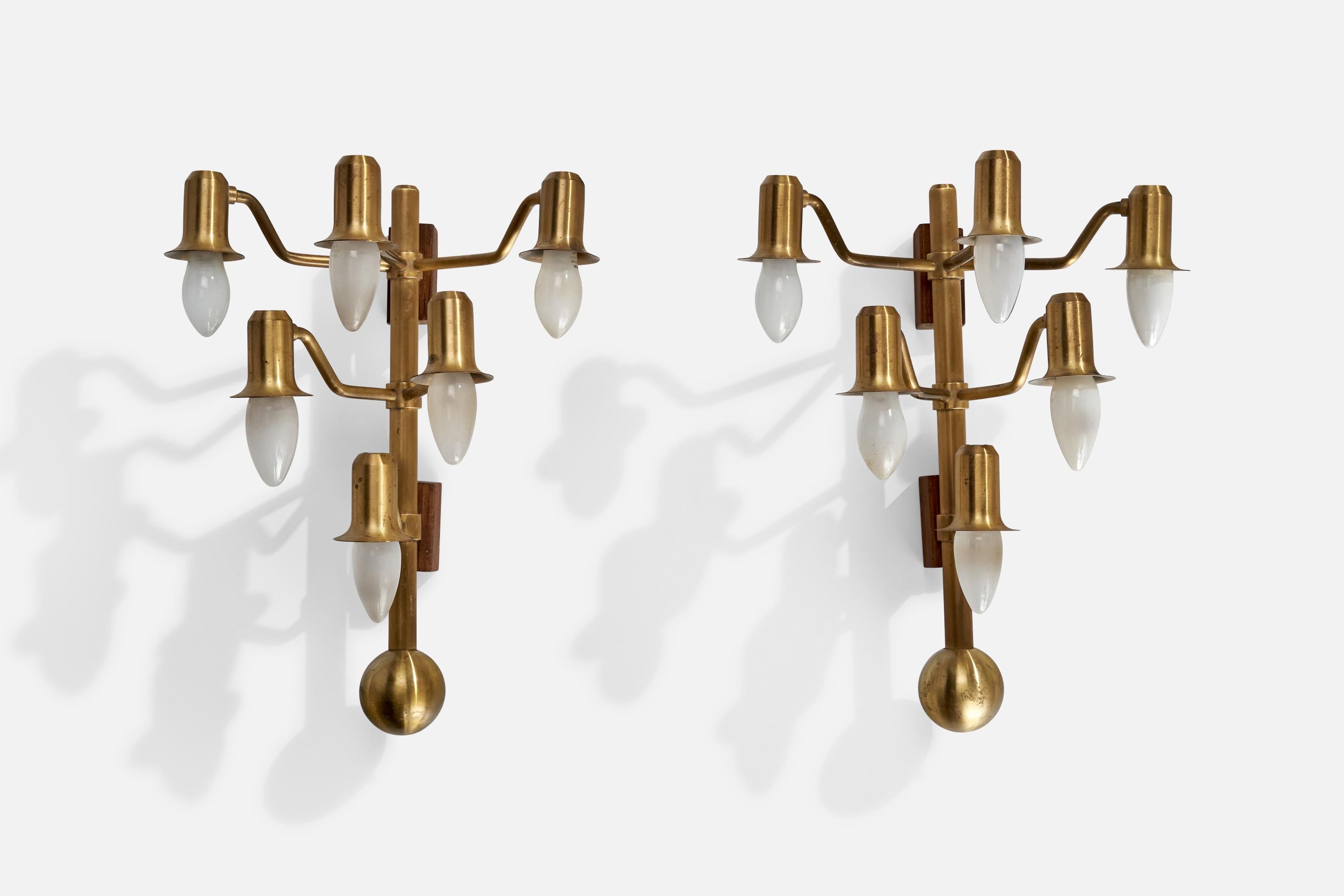 A pair of brass and wood wall lights designed and produced in Denmark, 1940s.

Lamp is configured for plug-in with cord feeding from brass sphere at bottom of stem.

Overall Dimensions (inches): 17” H x 17.5” W x 7.75” D
Back Plate Dimensions