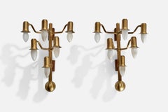 Danish Designer, Wall Lights, Brass, Wood, Denmark, 1940s