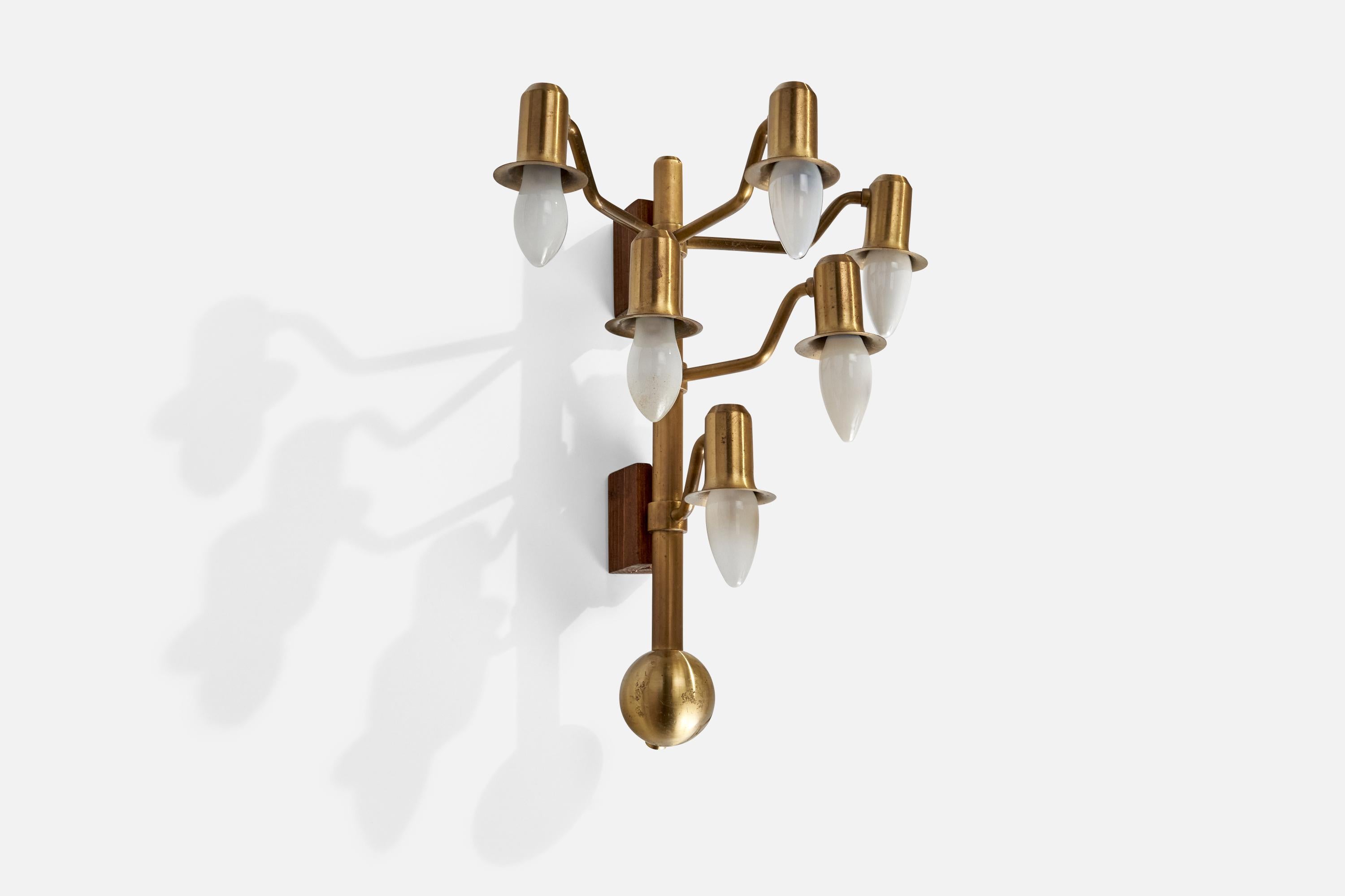 Mid-20th Century Danish Designer, Wall Lights, Brass, Wood, Denmark, 1940s For Sale