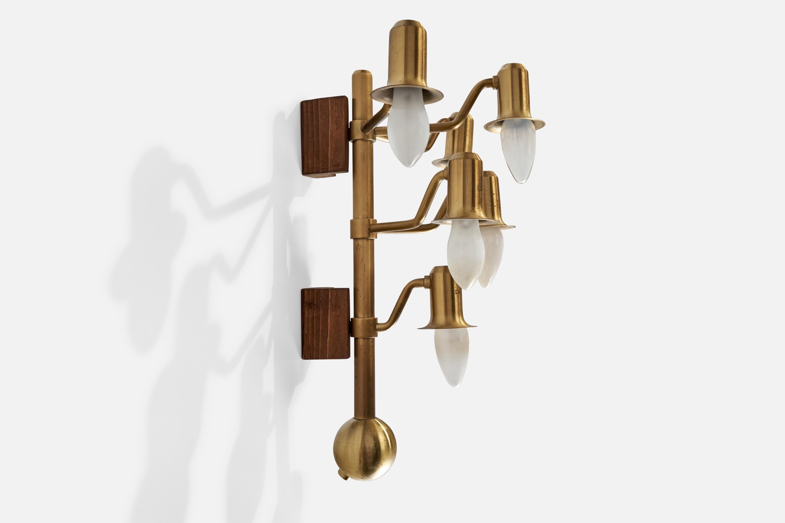 Danish Designer, Wall Lights, Brass, Wood, Denmark, 1940s For Sale 1