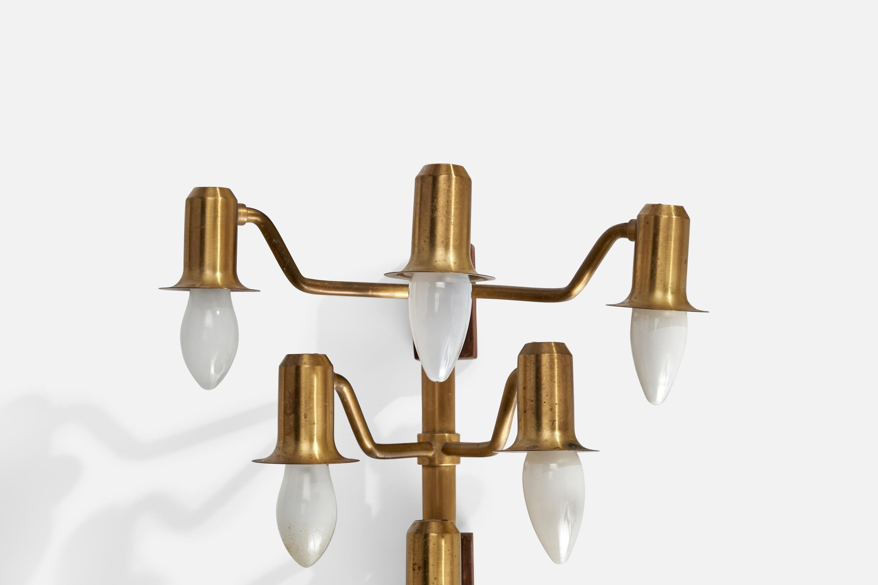 Danish Designer, Wall Lights, Brass, Wood, Denmark, 1940s For Sale 2