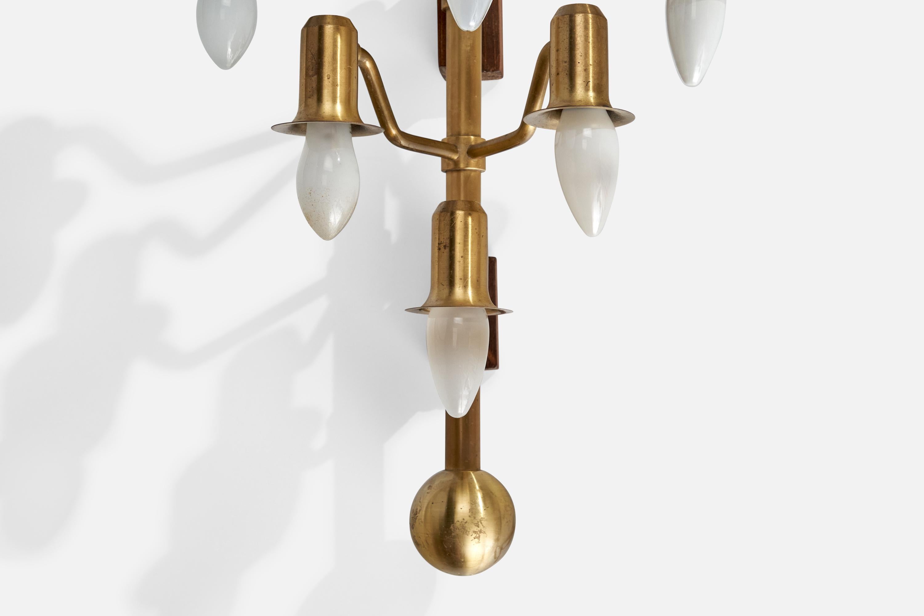 Danish Designer, Wall Lights, Brass, Wood, Denmark, 1940s For Sale 3