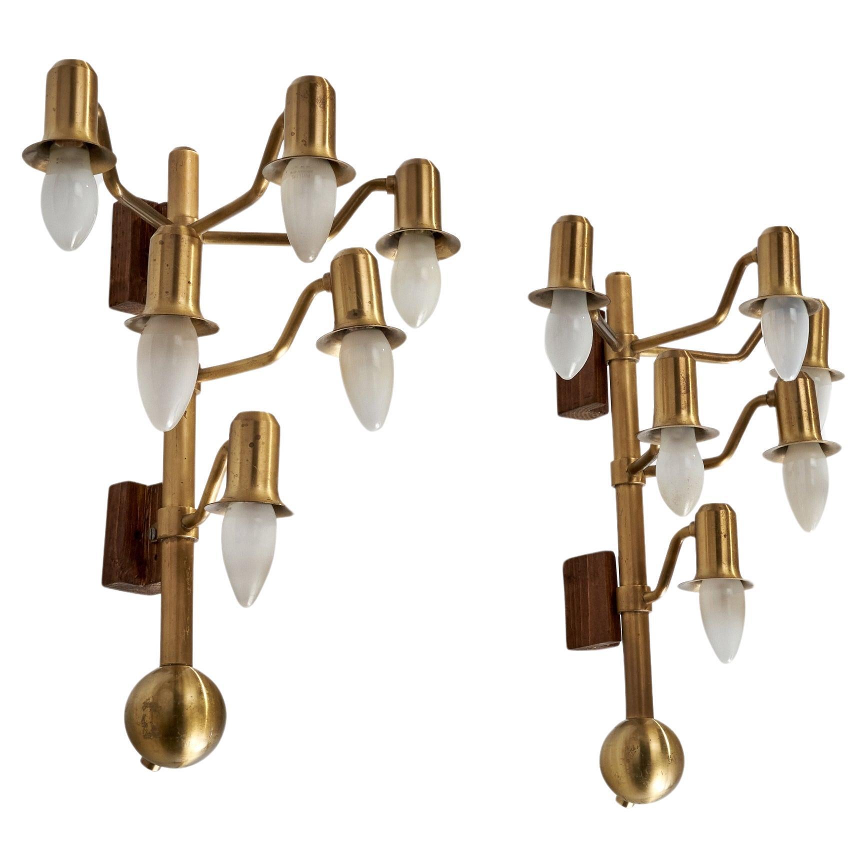 Danish Designer, Wall Lights, Brass, Wood, Denmark, 1940s