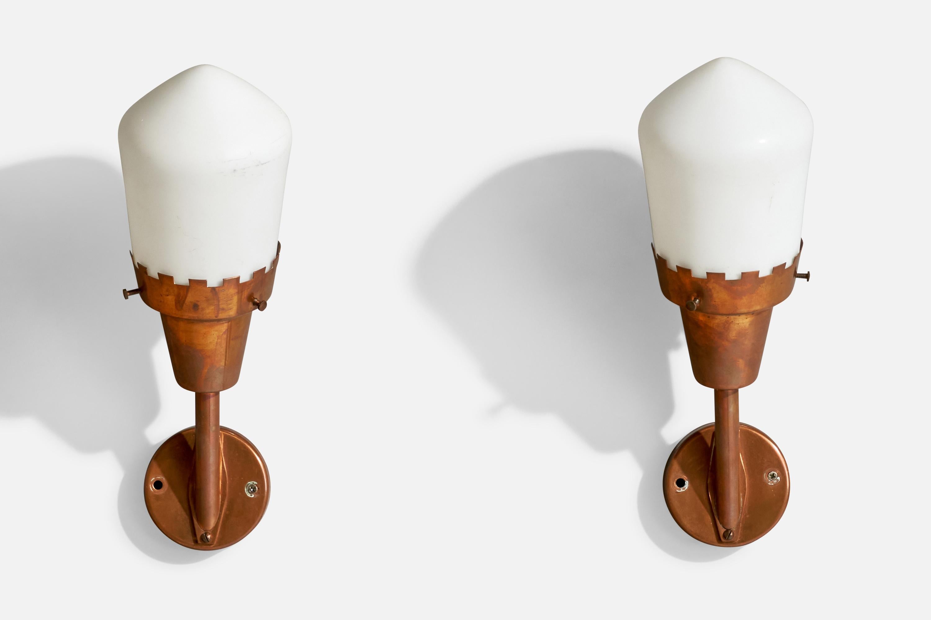 Scandinavian Modern Danish Designer, Wall Lights, Copper, Glass, Denmark, 1940s For Sale