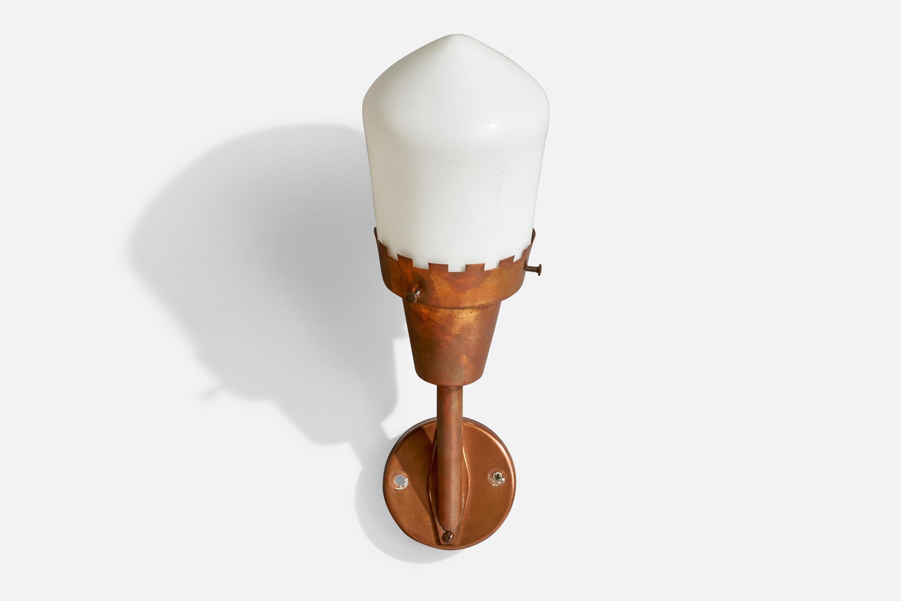 Mid-20th Century Danish Designer, Wall Lights, Copper, Glass, Denmark, 1940s For Sale