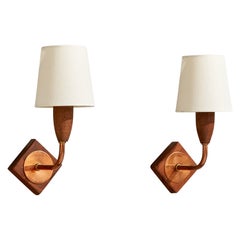 Danish Designer, Wall Lights, Copper, Teak, Fabric, Denmark, 1950s