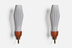 Danish Designer, Wall Lights, Glass, Teak, Brass, Denmark, 1950s