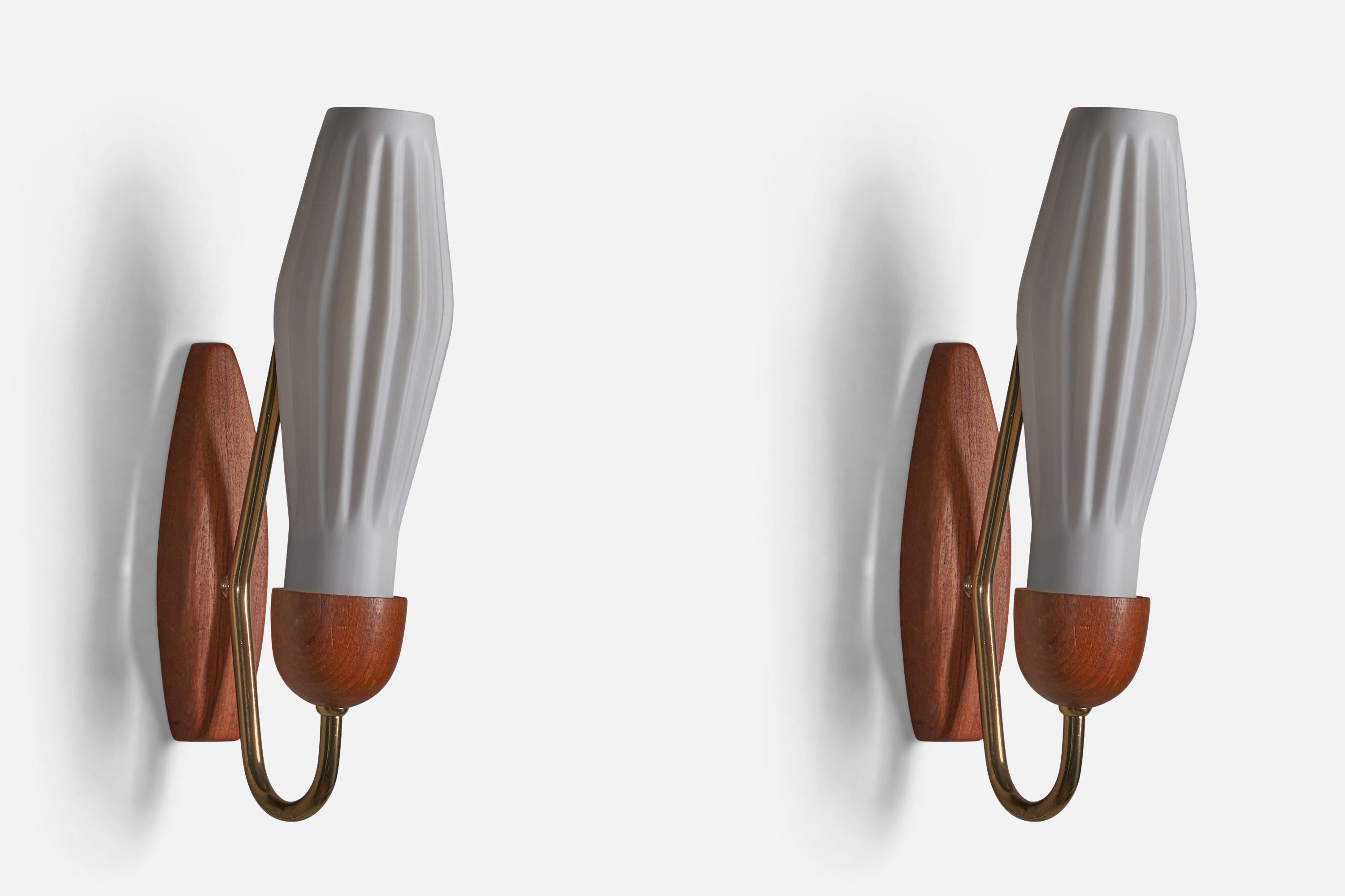 Mid-Century Modern Danish Designer, Wall Lights, Glass, Teak, Brass, Denmark, 1950s For Sale