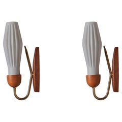 Vintage Danish Designer, Wall Lights, Glass, Teak, Brass, Denmark, 1950s