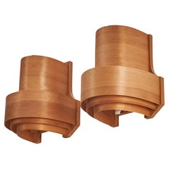 Vintage Danish Designer, Wall Lights, Moulded Pine Veneer, Denmark, 1970s