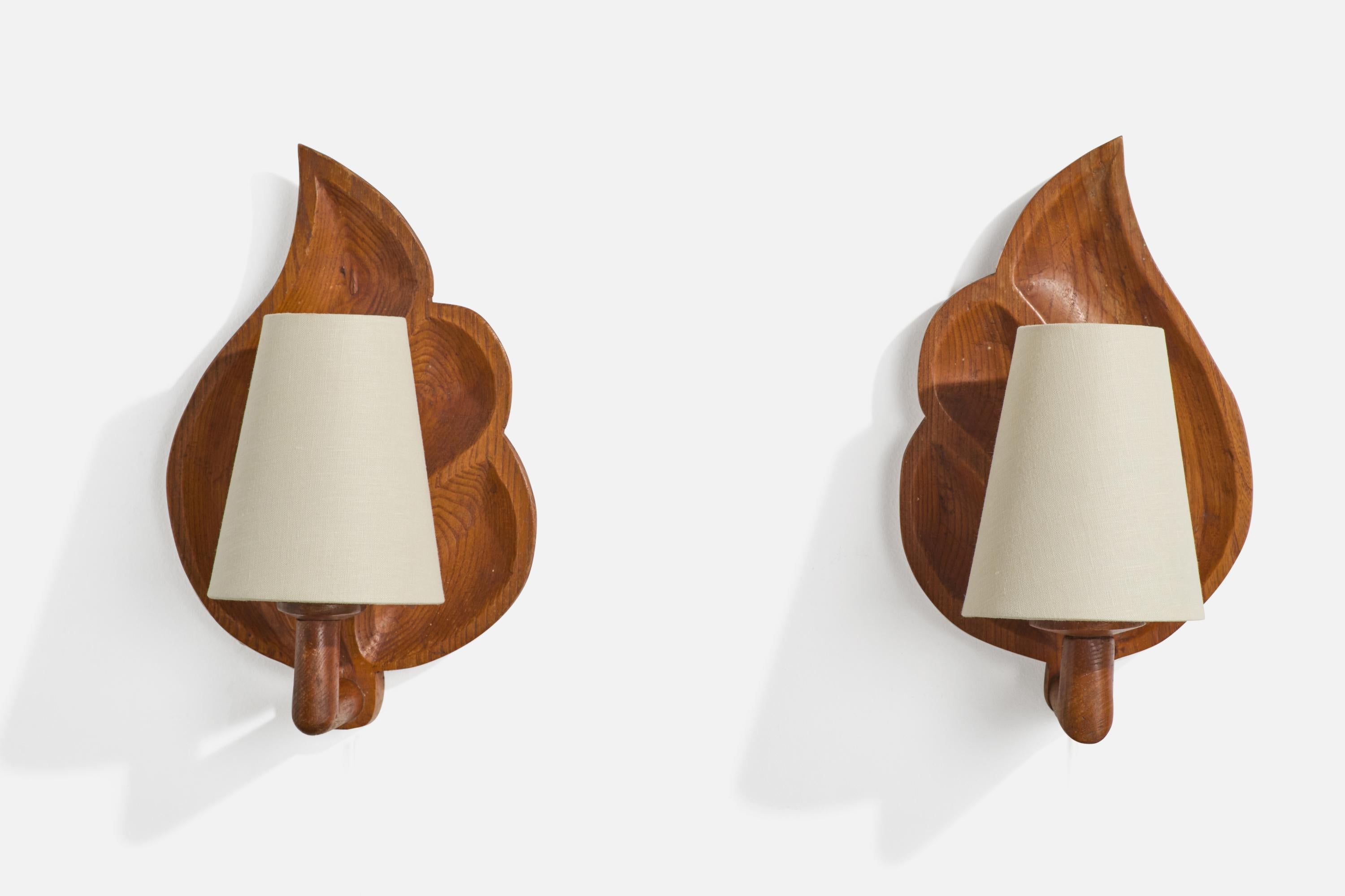 Danois Danish Designer, Wall Lights, Oak, Fabric, Denmark, 1940s en vente