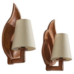 Danish Designer, Wall Lights, Oak, Fabric, Denmark, 1940s
