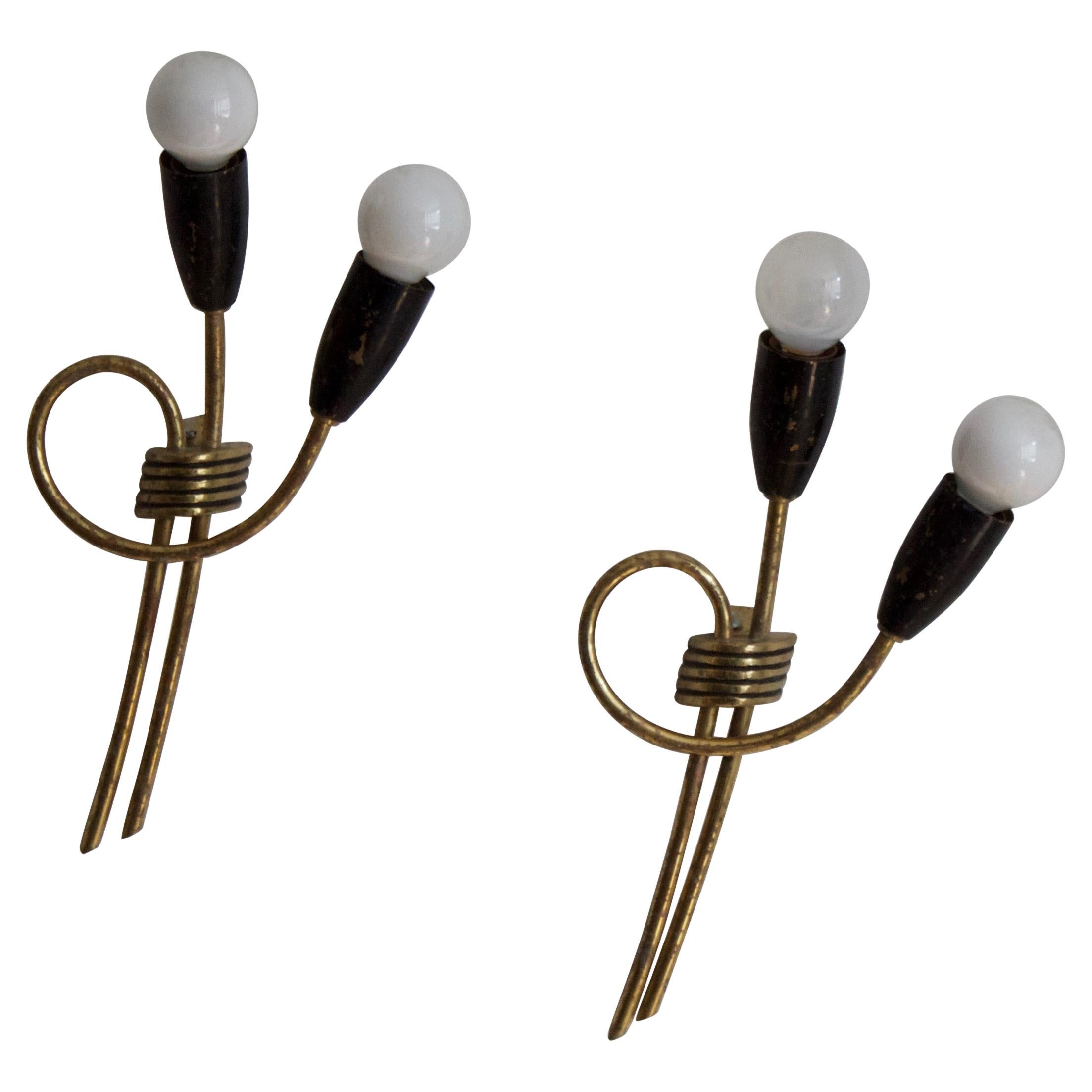 Wooden Wall Lights 'Pair' 1950s Danish Vintage Sconces with Wood, Brass and Glass at 1stDibs