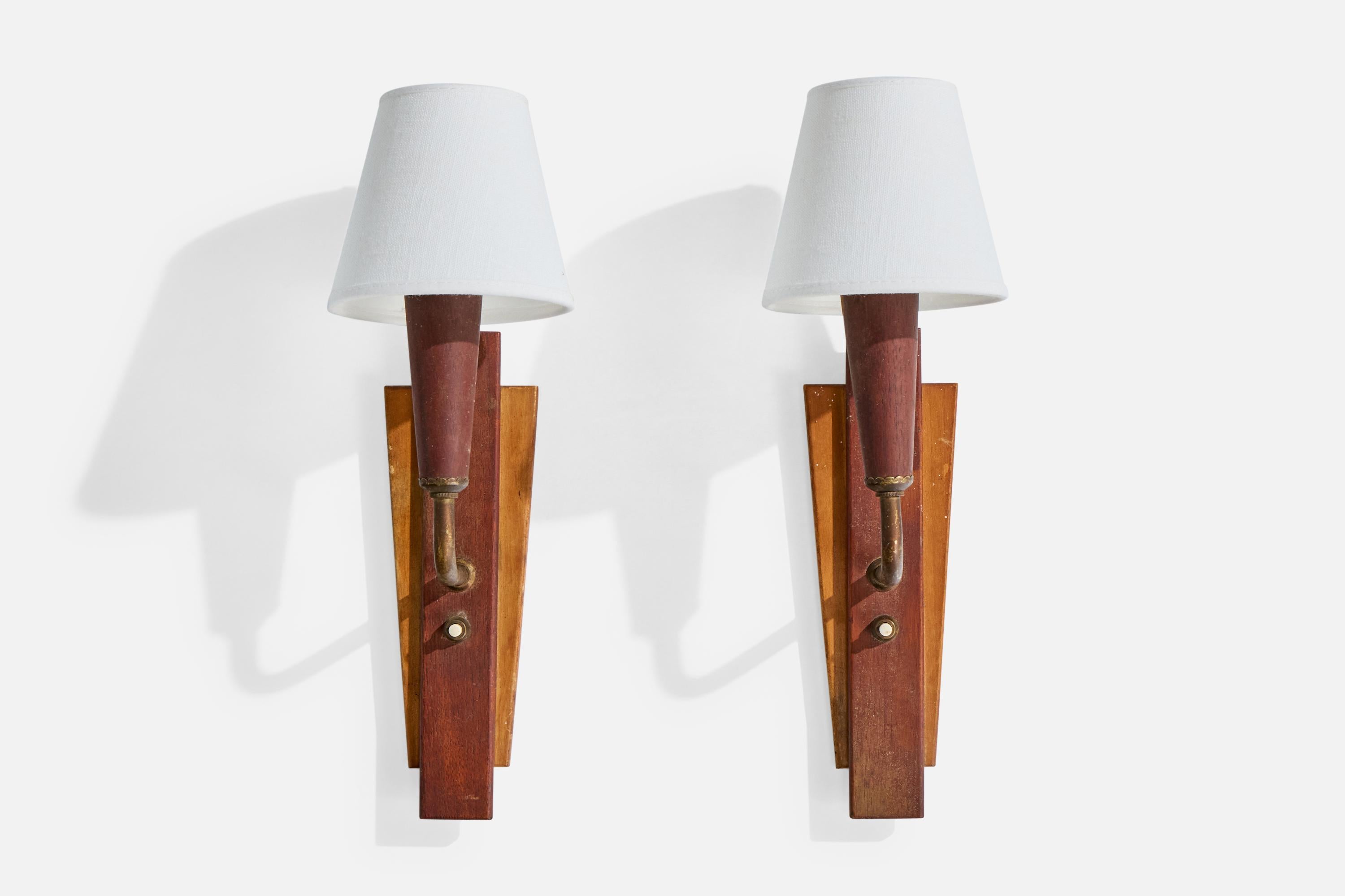 Mid-Century Modern Danish Designer, Wall Lights, Teak, Brass, Fabric, Denmark, 1950s For Sale