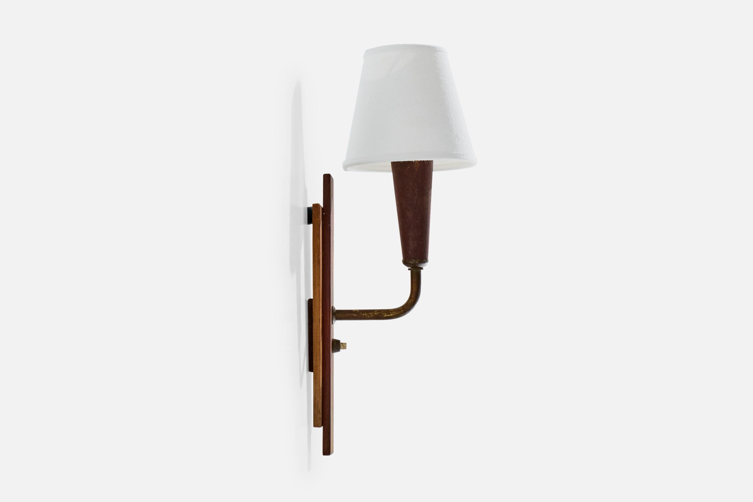 Mid-20th Century Danish Designer, Wall Lights, Teak, Brass, Fabric, Denmark, 1950s For Sale