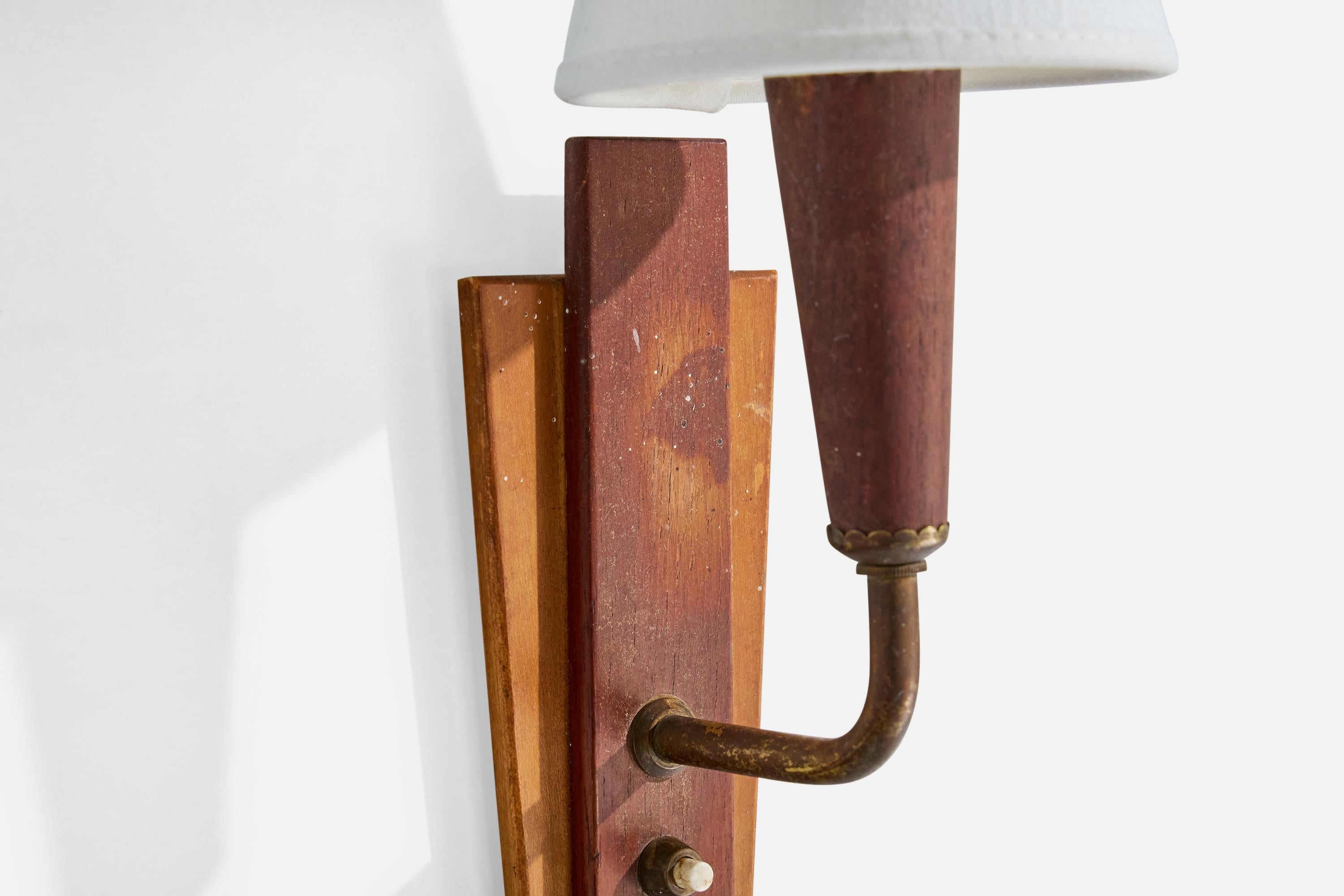 Danish Designer, Wall Lights, Teak, Brass, Fabric, Denmark, 1950s For Sale 1