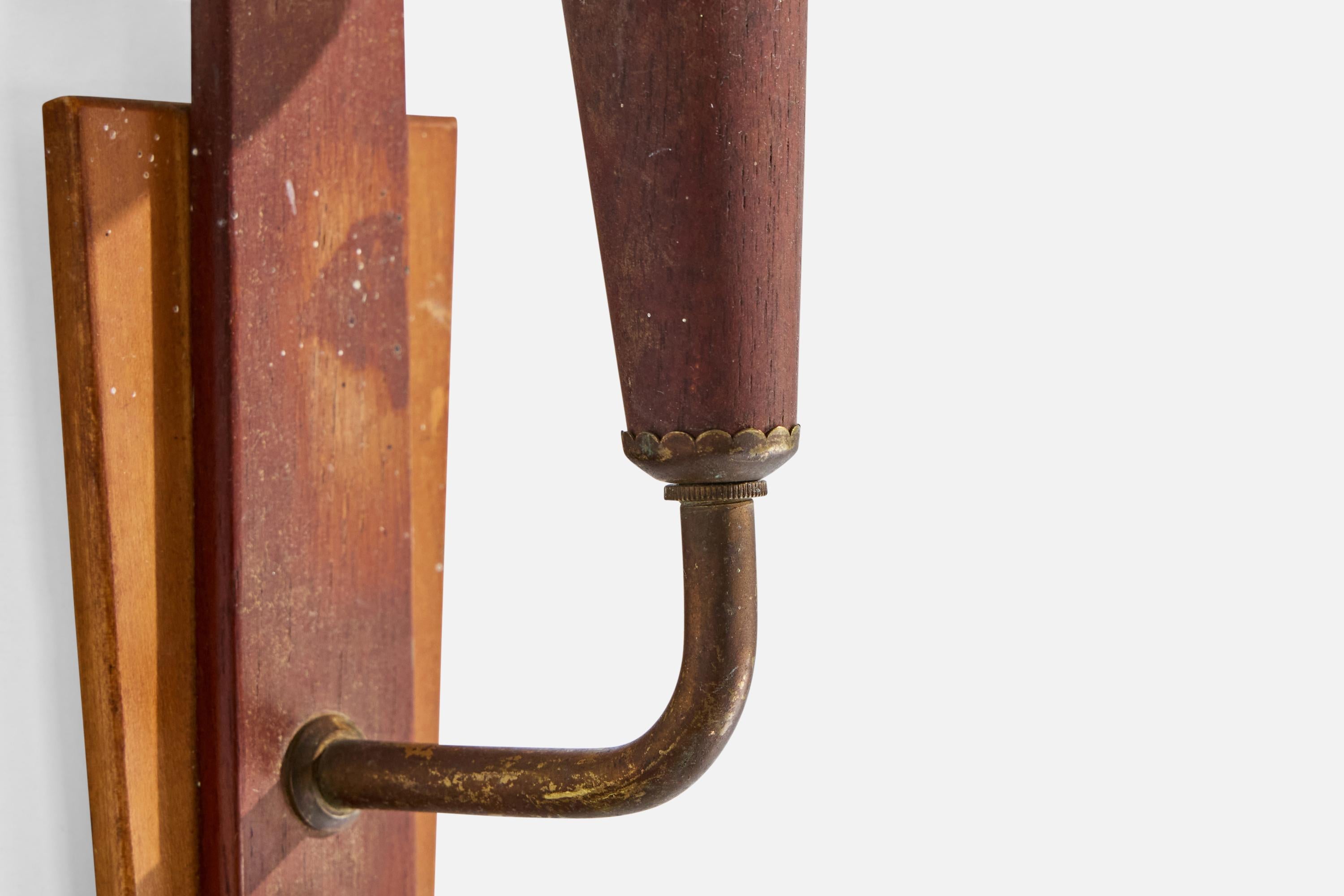 Danish Designer, Wall Lights, Teak, Brass, Fabric, Denmark, 1950s For Sale 3