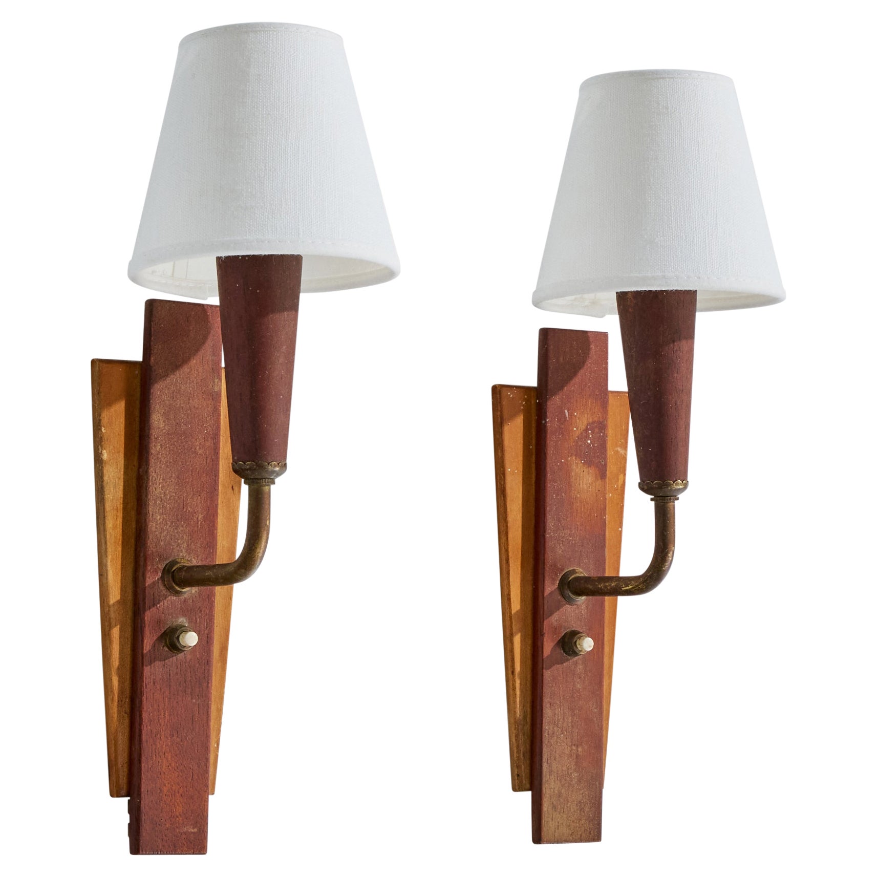 Danish Designer, Wall Lights, Teak, Brass, Fabric, Denmark, 1950s