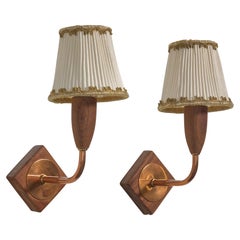 Danish Designer, Wall Lights, Teak, Copper, Fabric, Denmark, 1950s