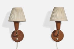 Danish Designer, Wall Lights, Wood, Fabric, Denmark, 1950s