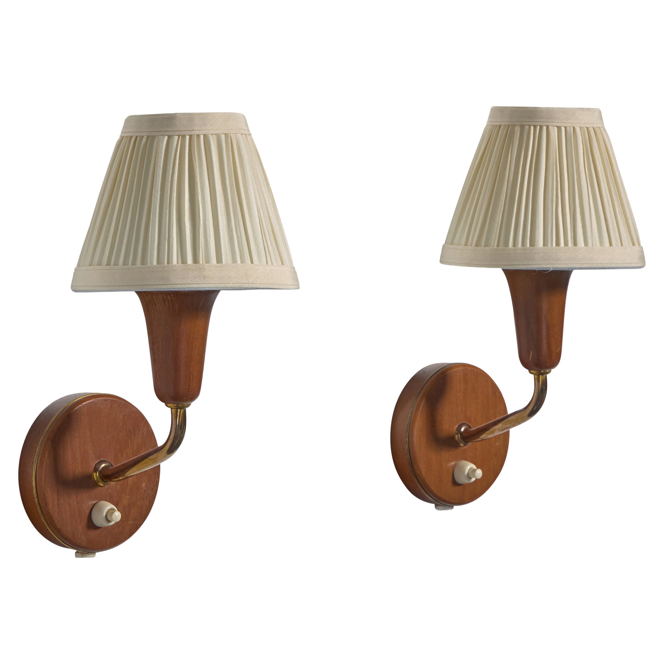 Danish Designer, Wall Lights, Wood, Fabric, Denmark, 1950s
