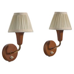Danish Designer, Wall Lights, Wood, Fabric, Denmark, 1950s