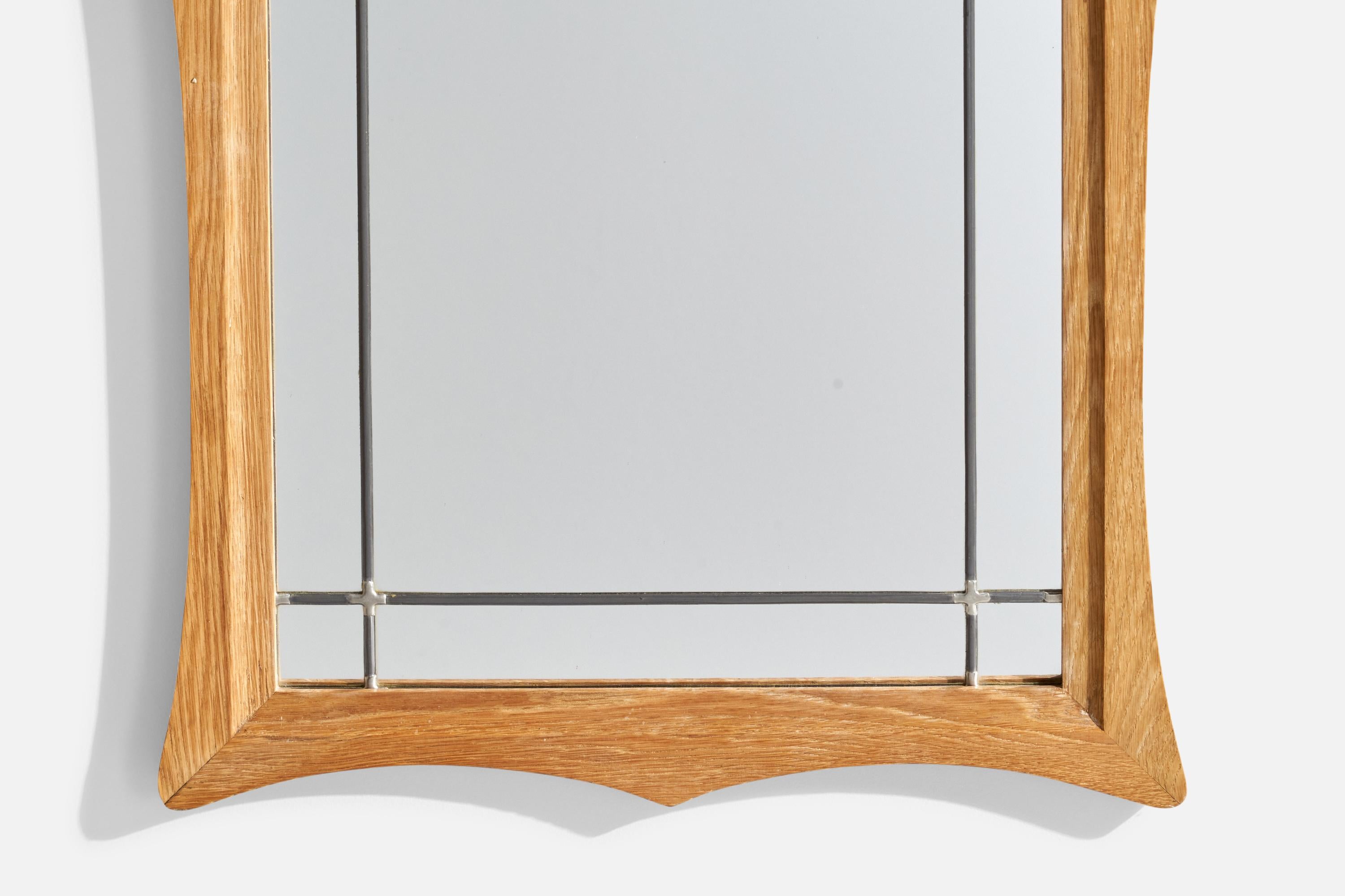 Diseñador danés, Espejo de pared, Roble, Peltre, Dinamarca, Años 60 Vidrio en venta