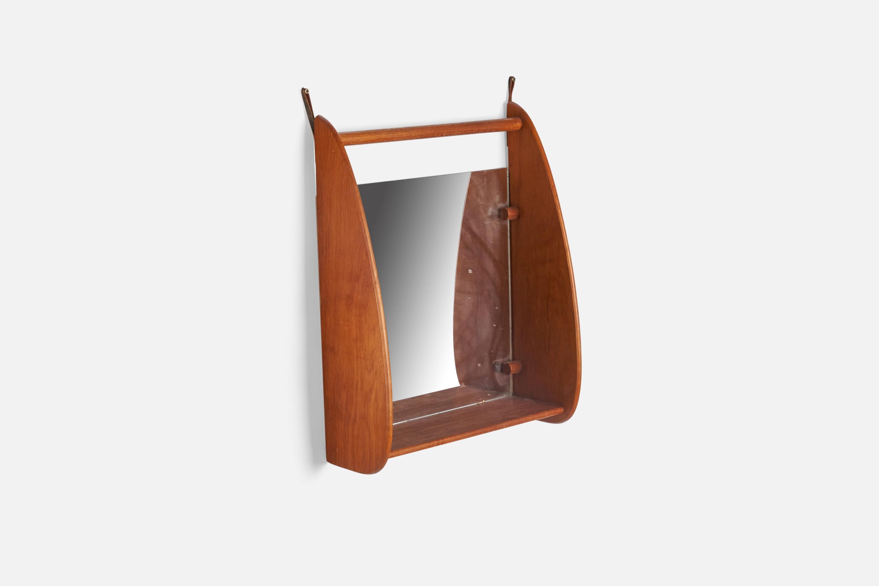 Mid-Century Modern Danish Designer, Wall Mirror with Shelf, Teak, Mirror, Leather, Denmark, 1950s For Sale