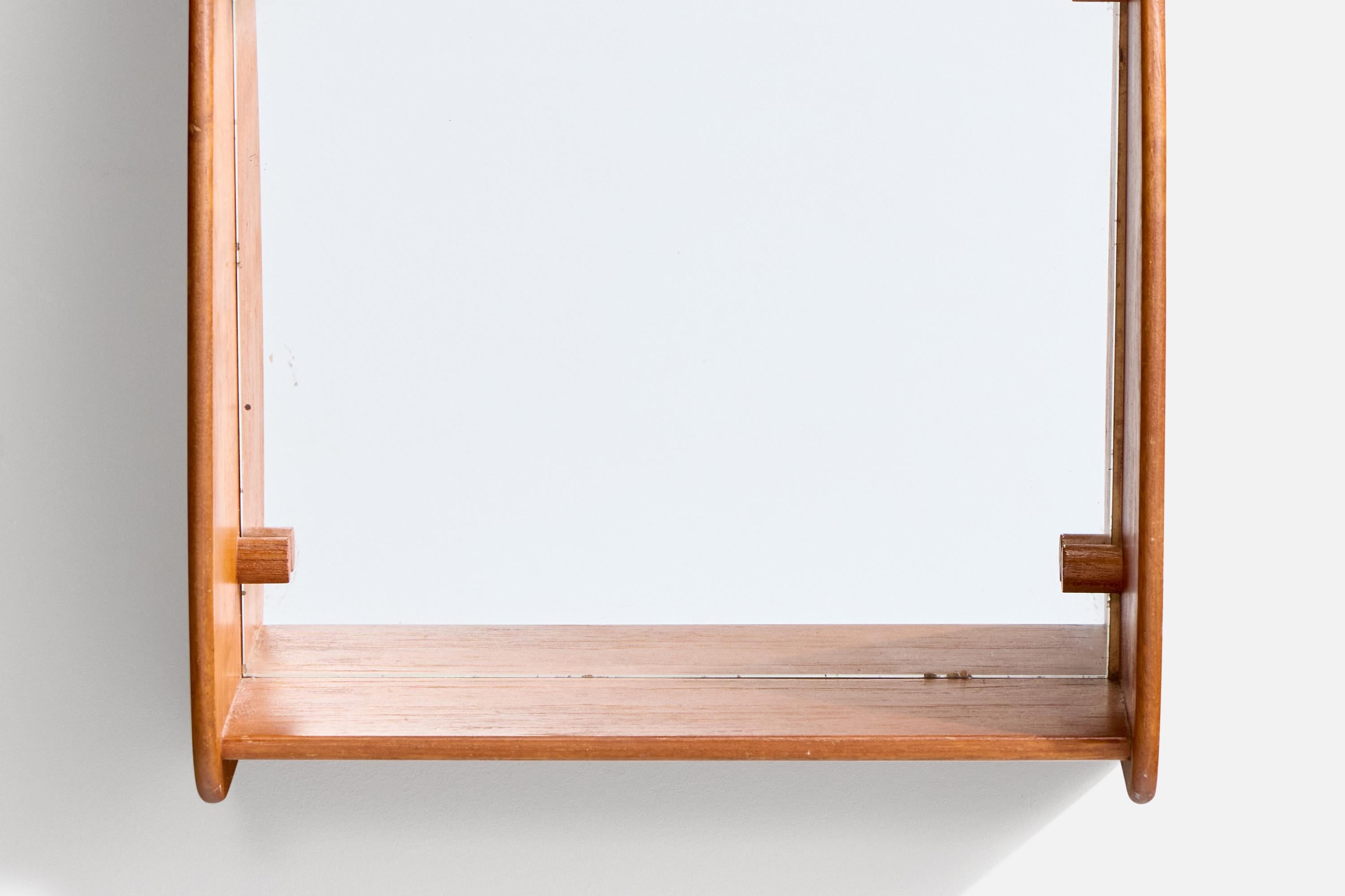 Miroir mural de designer danois avec étagère, teck, miroir, cuir, Danemark, années 1950 en vente 1