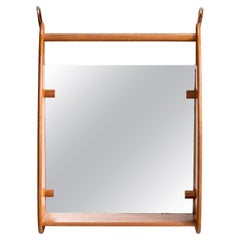 Danish Designer, Wall Mirror with Shelf, Teak, Mirror, Leather, Denmark, 1950s