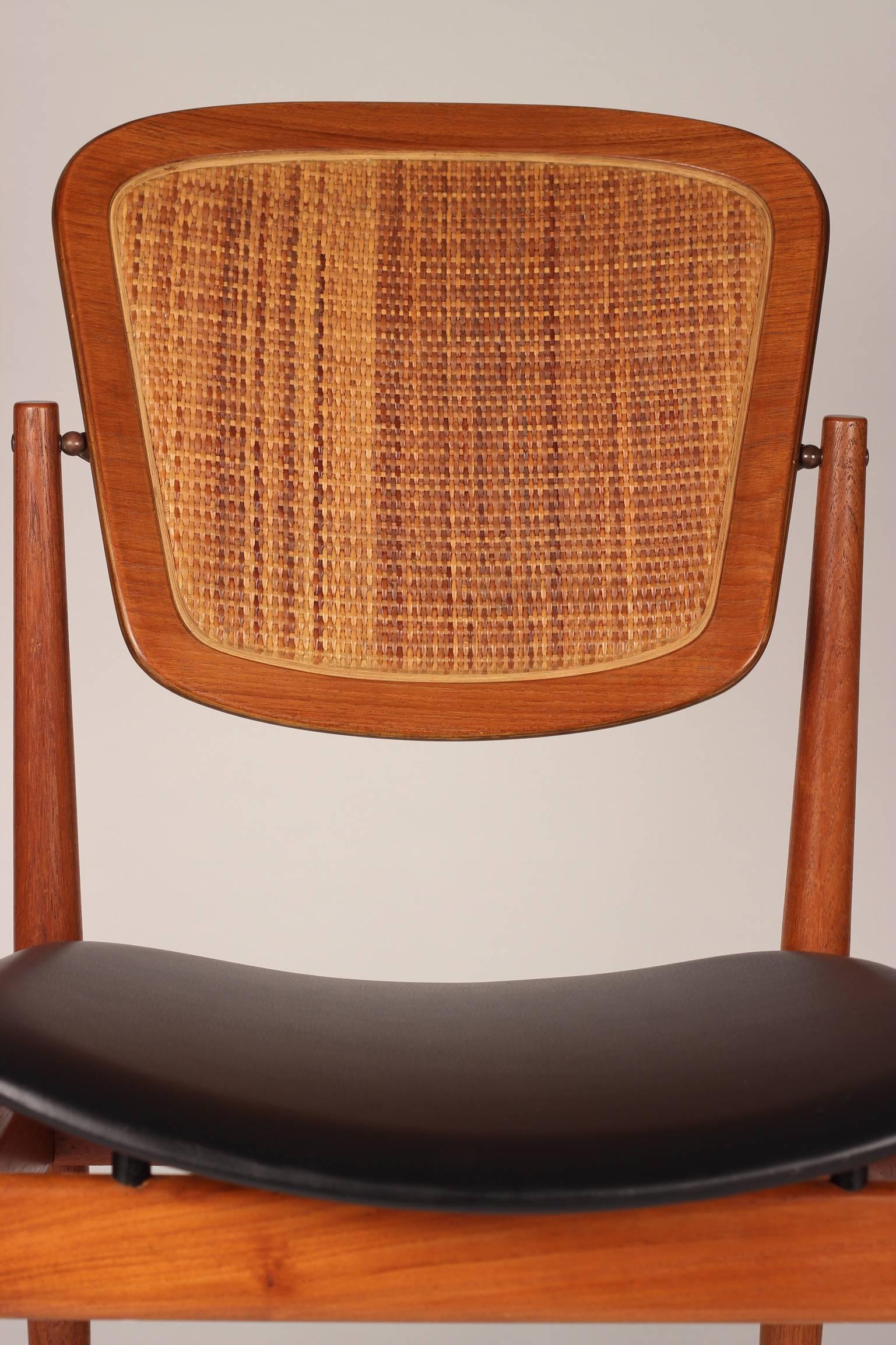 Hand-Woven Danish Desk Chair by Arne Vodder in Teak, Cane and Black Leather