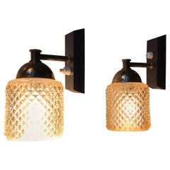 Danish Diamond Pattern Glass and Brass Sconces by J. Sommer, 1960s