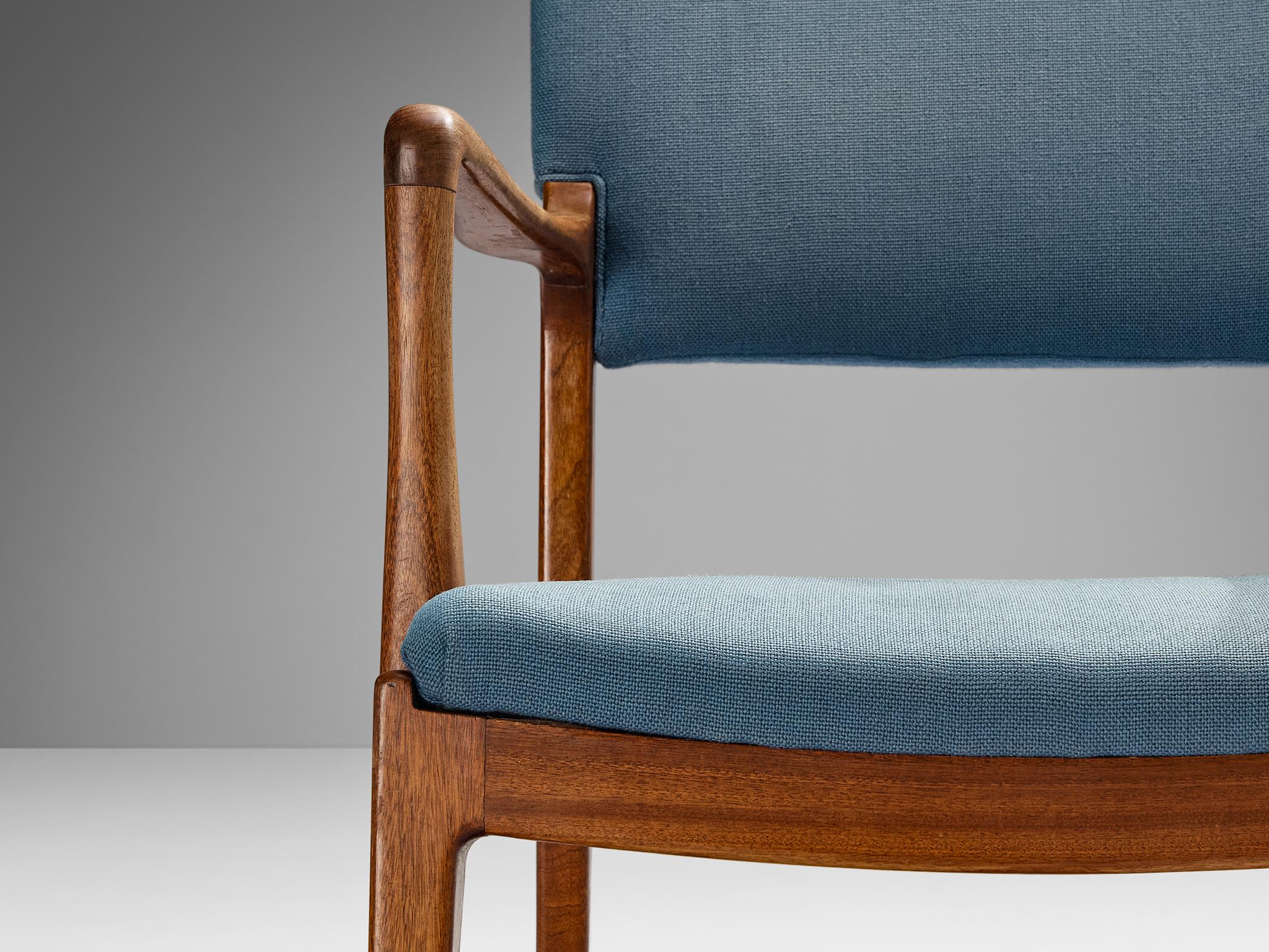 Scandinavian Modern Danish Dining Chair in Mahogany and Light Blue Upholstery  For Sale