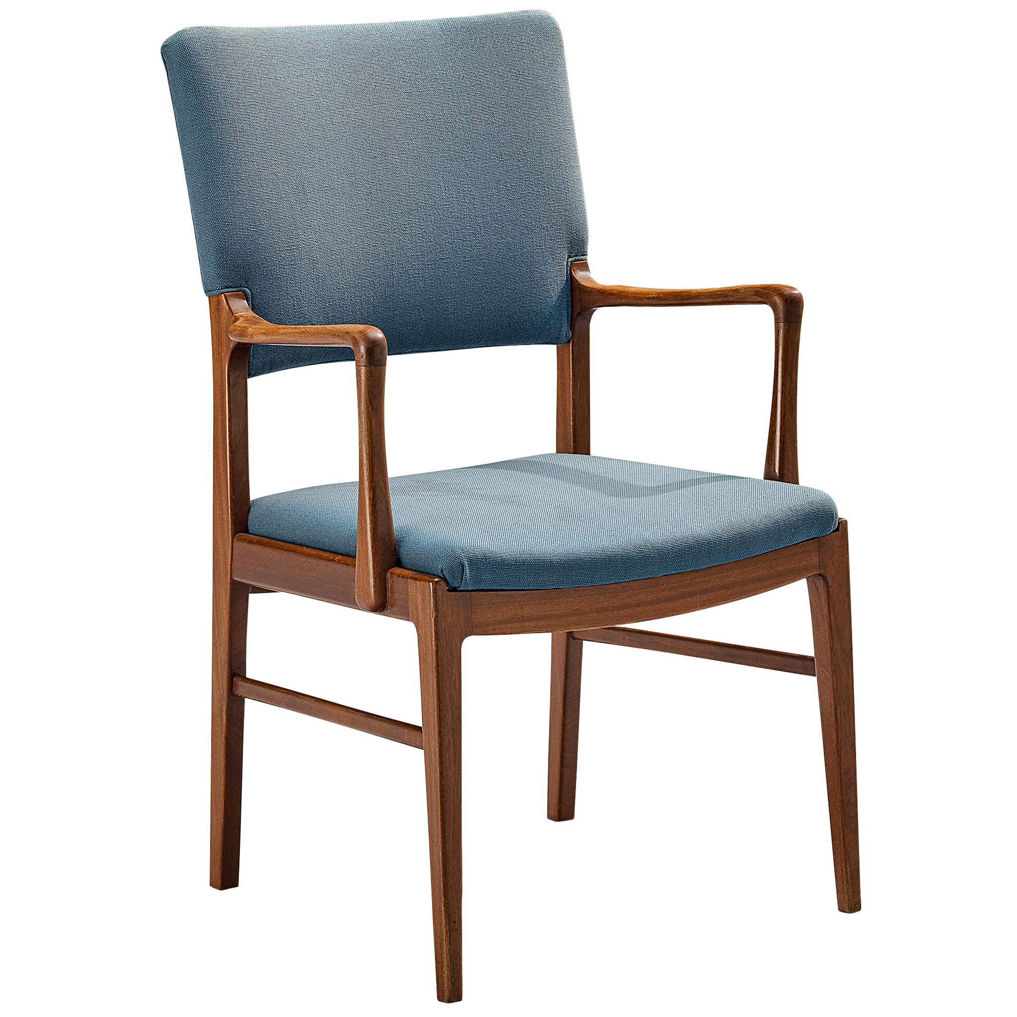 Danish Dining Chair in Mahogany and Light Blue Upholstery  For Sale