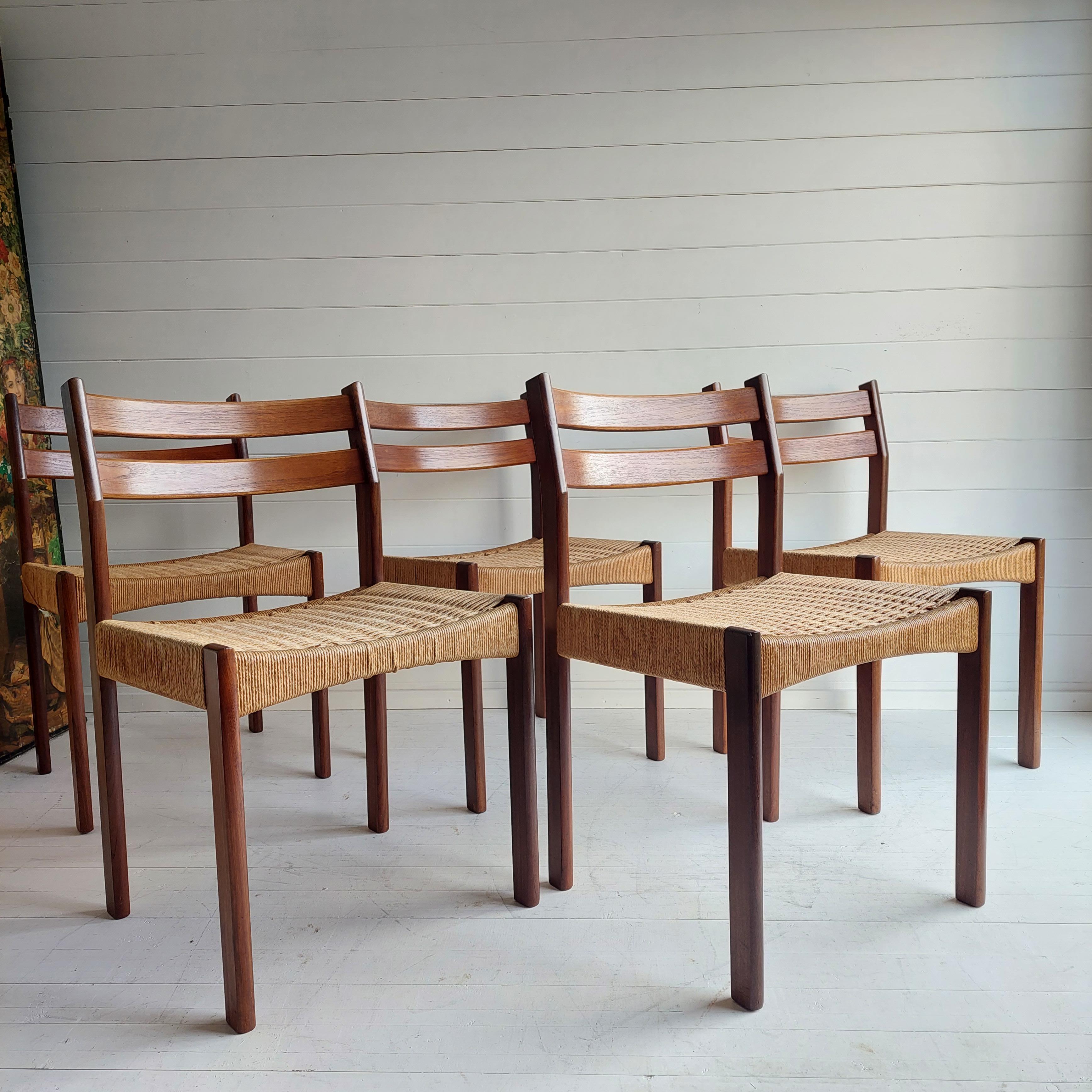 A 1960s set of five(plus 1) dining chairs, designed by Arne Hovmand Olsen and produced by Mogens Kold in Denmark.

Design Period - 1950 to 1969
This set of four (5) dining chairs was designed by Arne Hovmand Olsen and produced by Mogens Kold, in