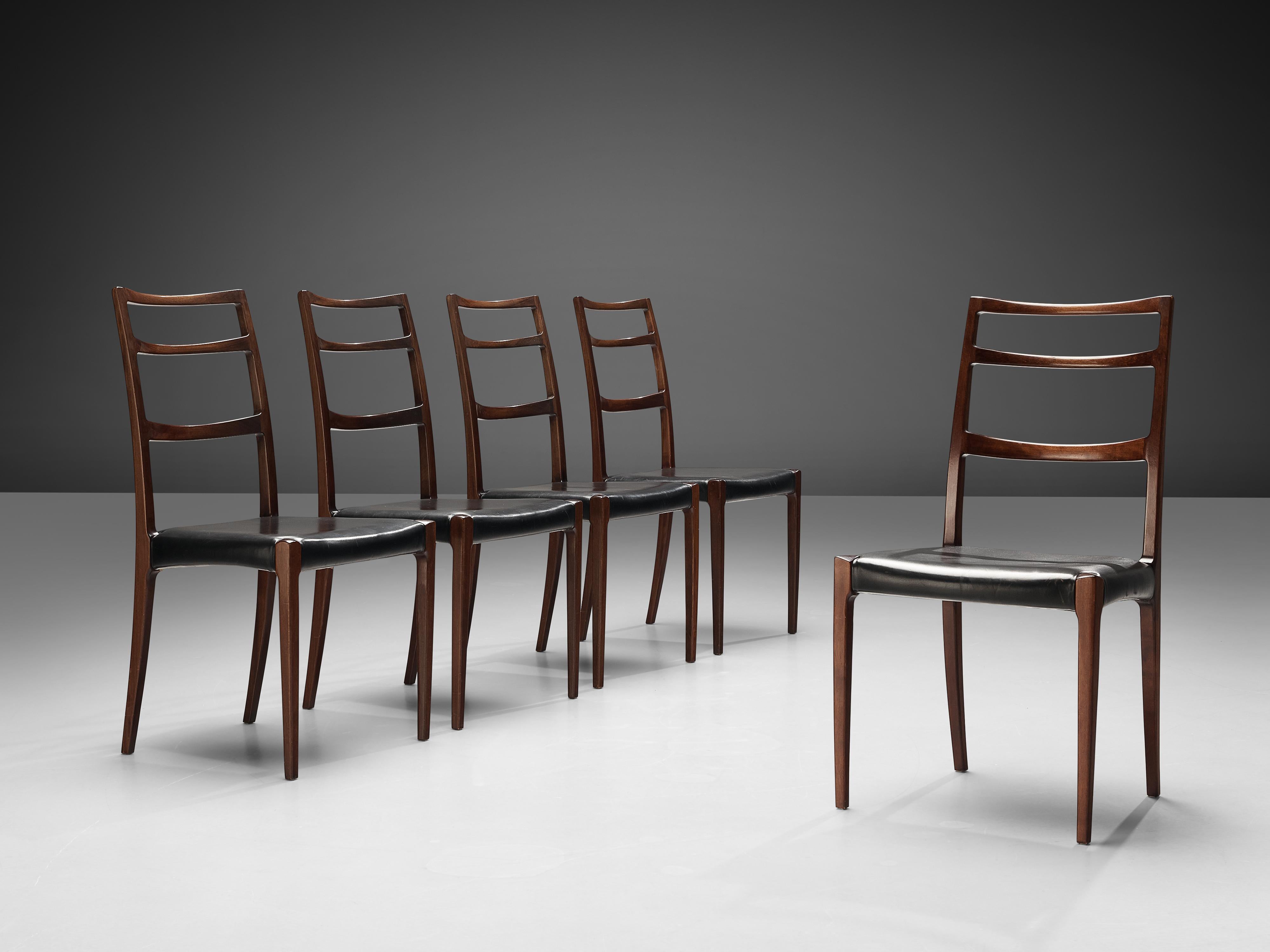 Danish Set of Five Dining Chairs in Black Leather and Mahogany In Good Condition In Waalwijk, NL