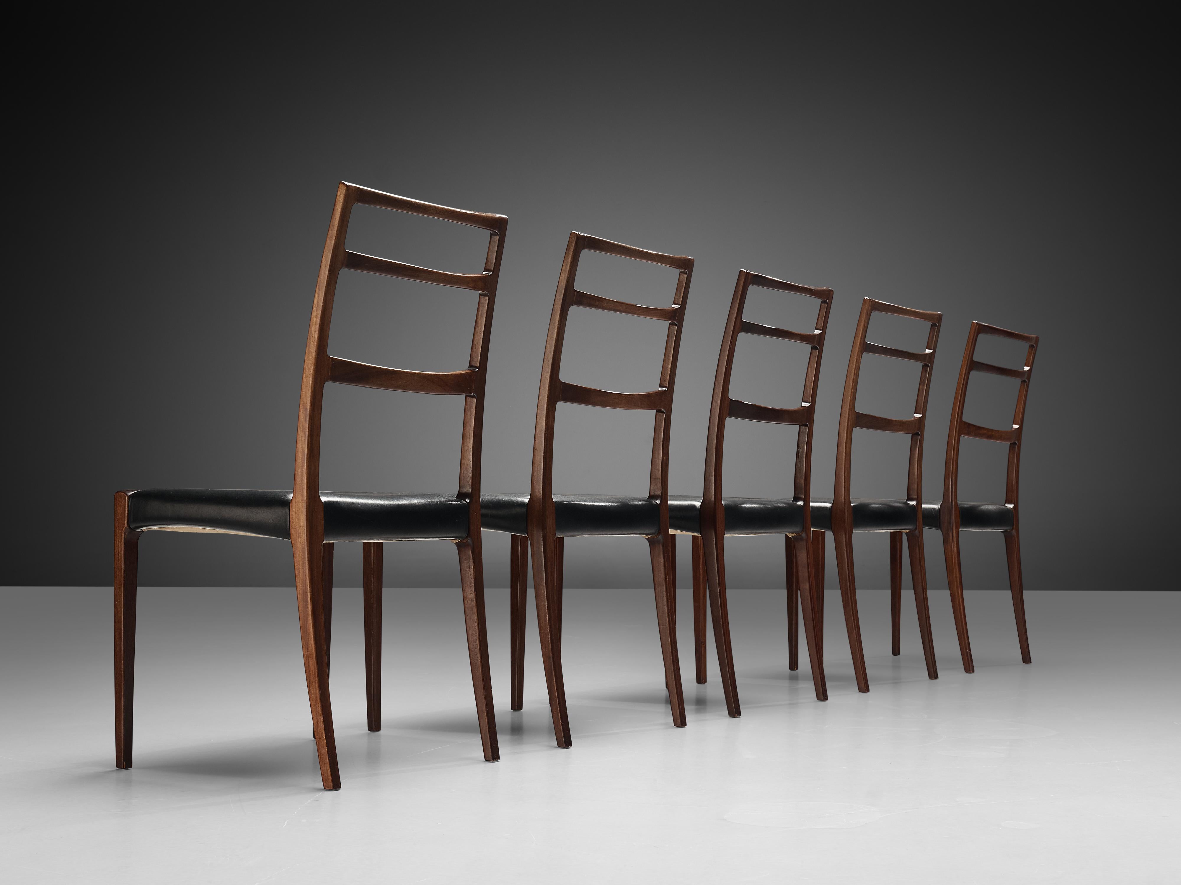 Danish Set of Five Dining Chairs in Black Leather and Mahogany 1