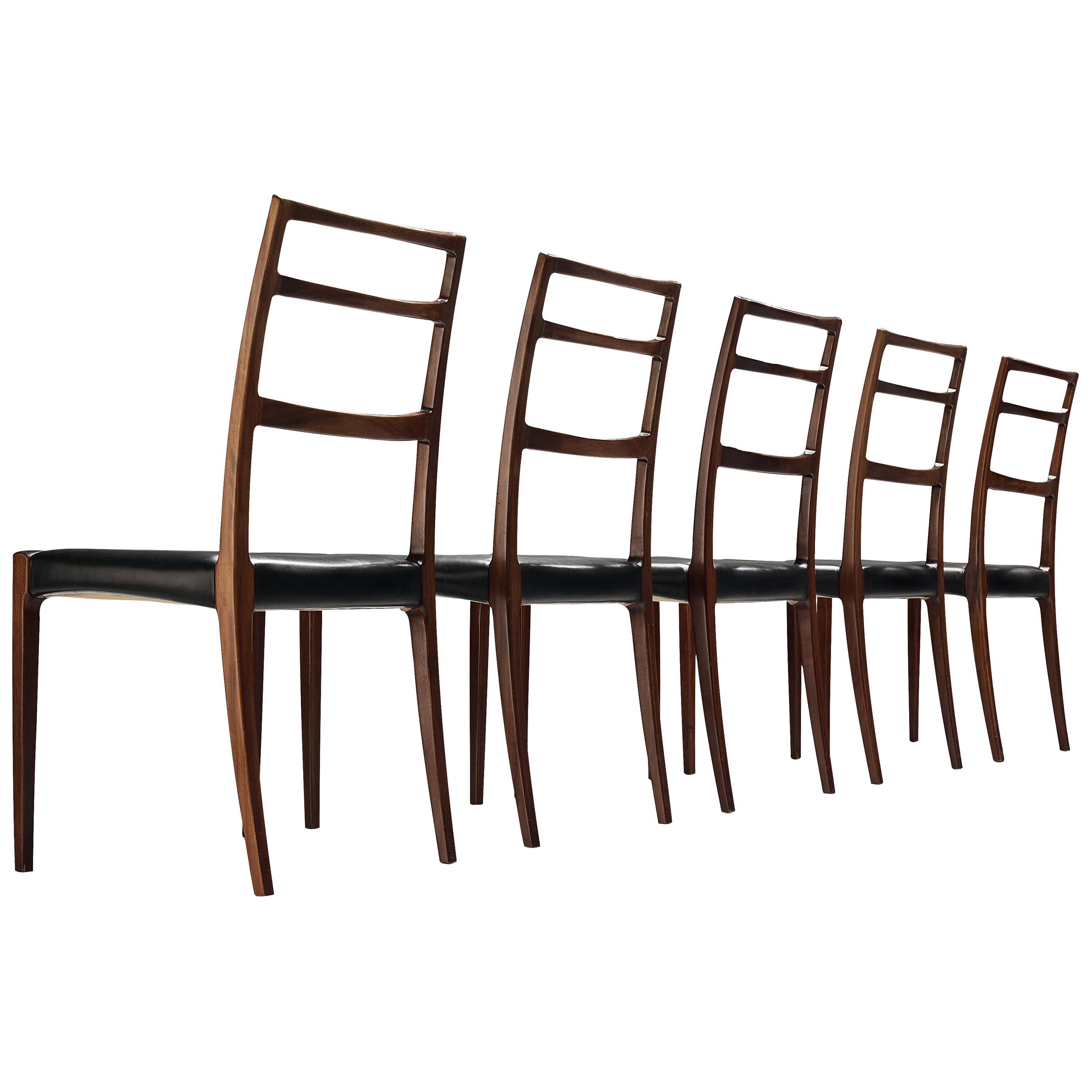 Danish Set of Five Dining Chairs in Black Leather and Mahogany