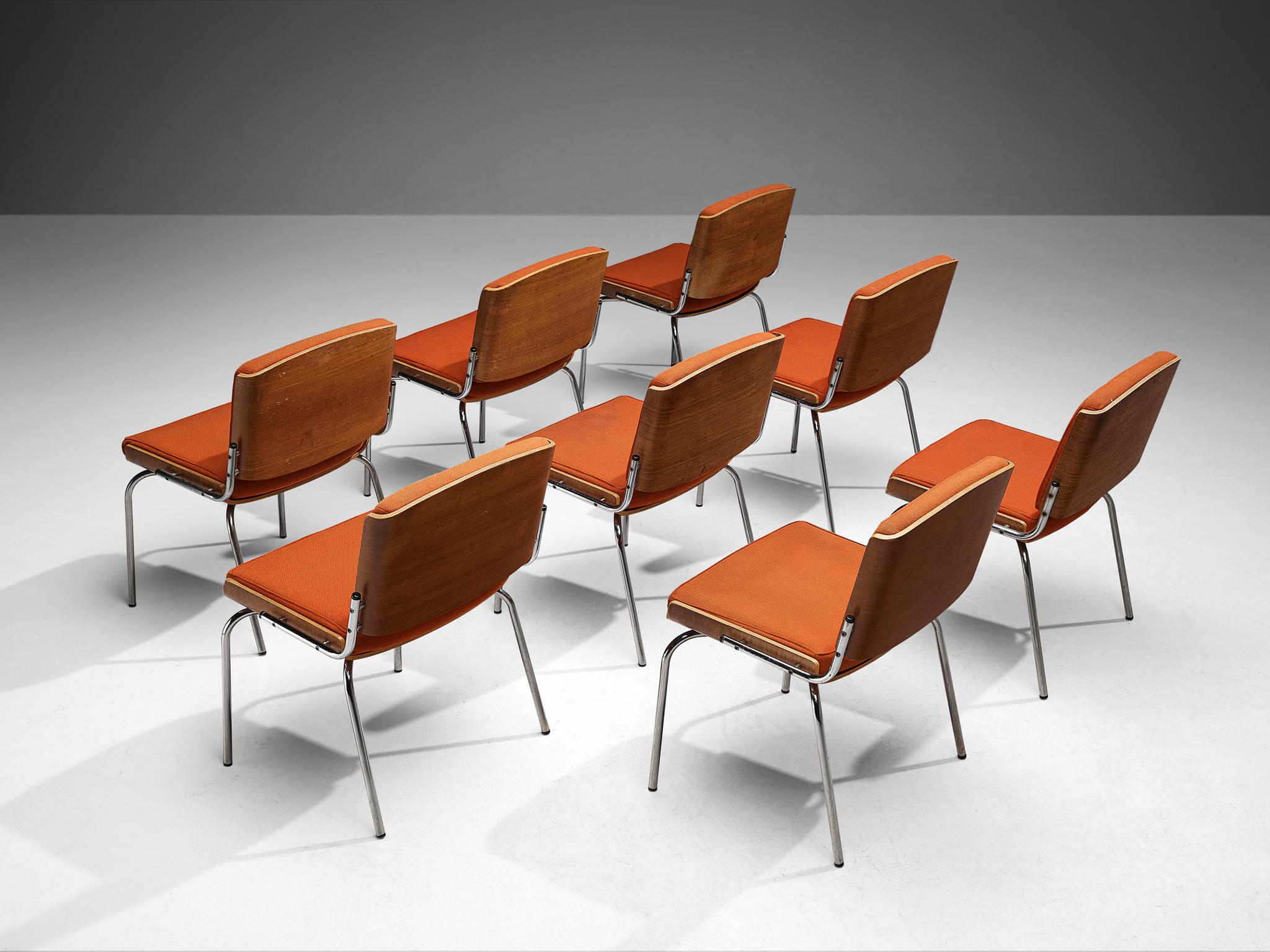 Danish Dining Chairs in Oak and Red Upholstery In Good Condition For Sale In Waalwijk, NL