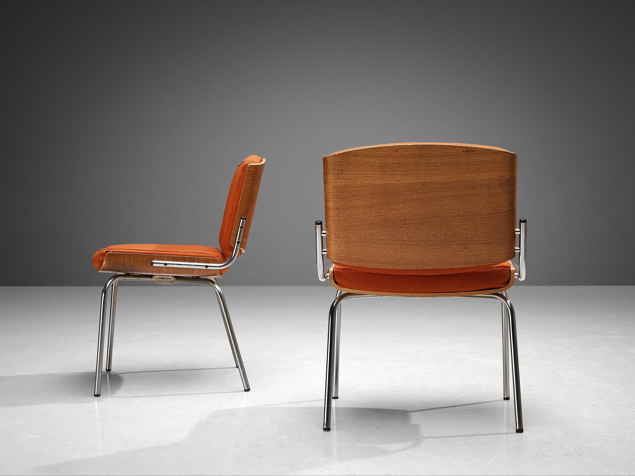 Metal Danish Dining Chairs in Oak and Red Upholstery For Sale