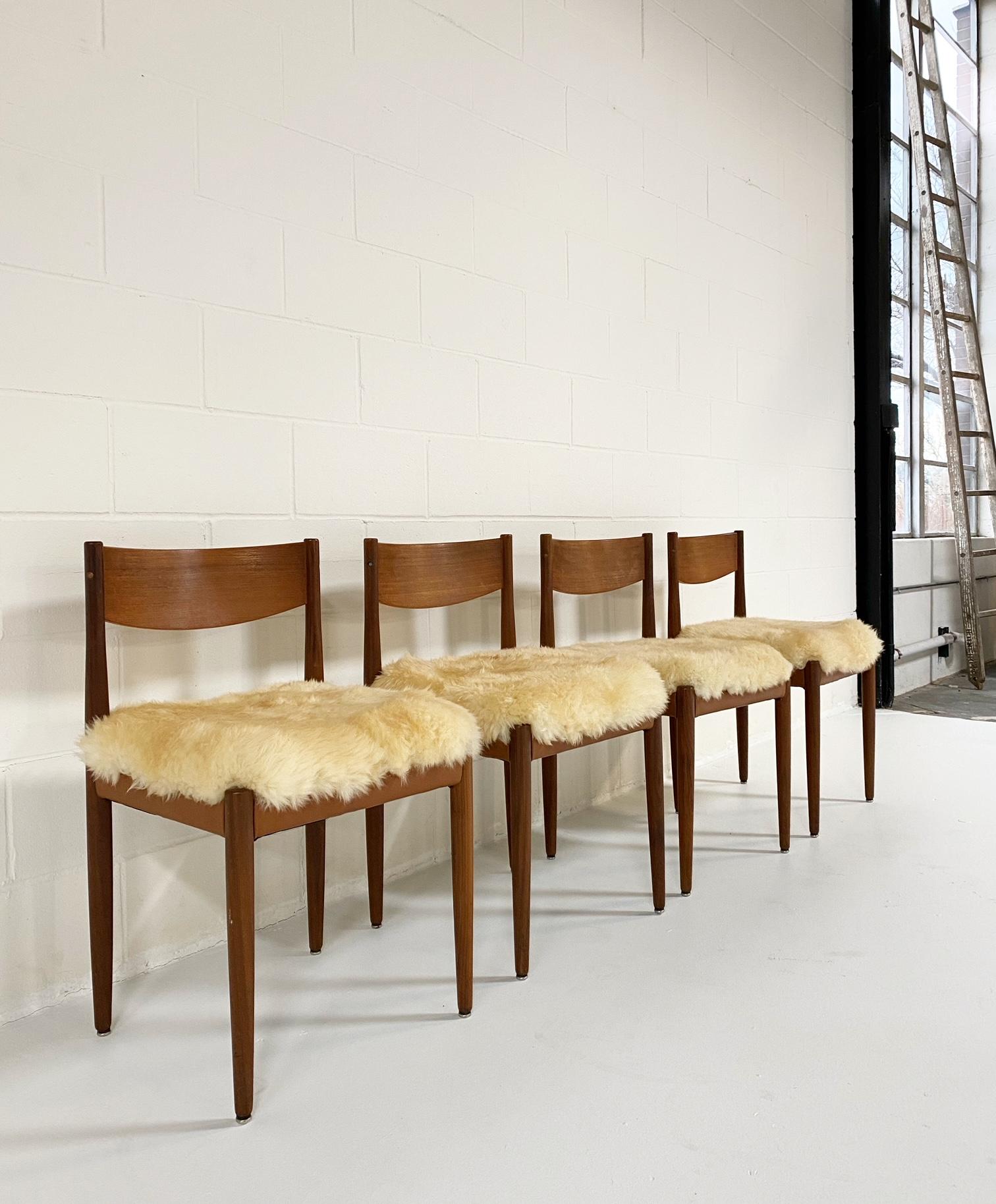 Scandinavian Modern Danish Dining Chairs in Sheepskin, Set of 4