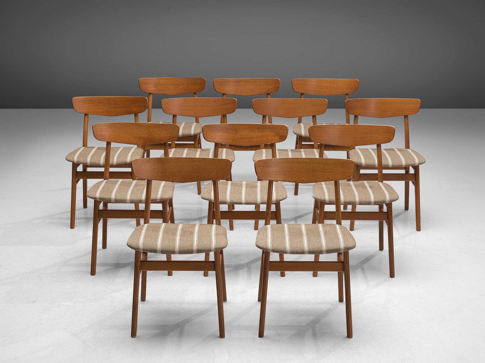 Dining chairs, teak, beech, fabric, Denmark, 1960s

These Danish dining chairs display a convincing aesthetic typical of the 1960s Danish furniture style, reminiscent of the work of Hans J. Wegner. The design is well-proportioned and balanced,