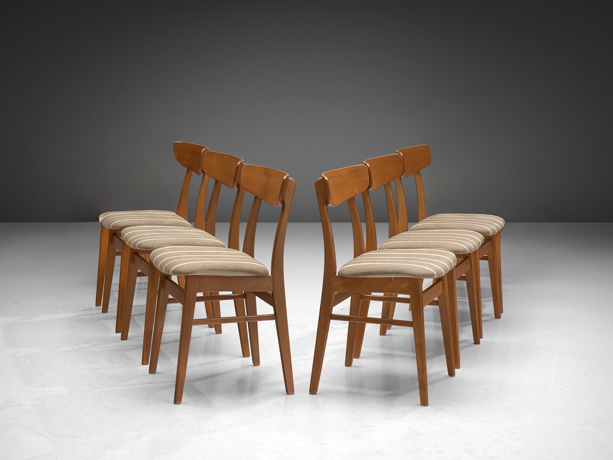 Dining chairs, teak, beech, fabric, Denmark, 1960s

These Danish dining chairs display a convincing aesthetic typical of the 1960s Danish furniture style, reminiscent of the work of Hans J. Wegner. The design is well-proportioned and balanced,
