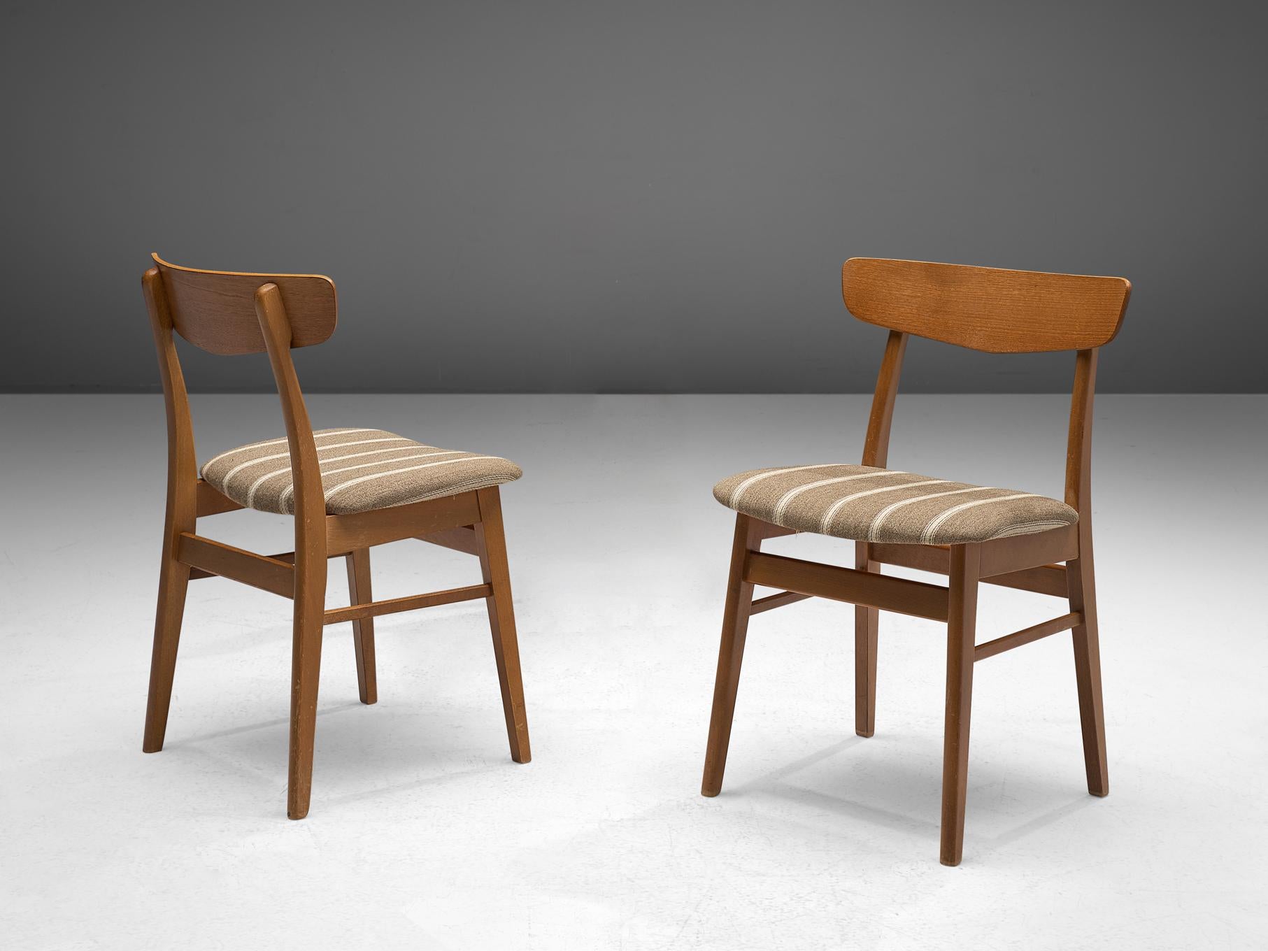 Scandinavian Modern Danish Dining Chairs in Teak and Beige Striped Upholstery