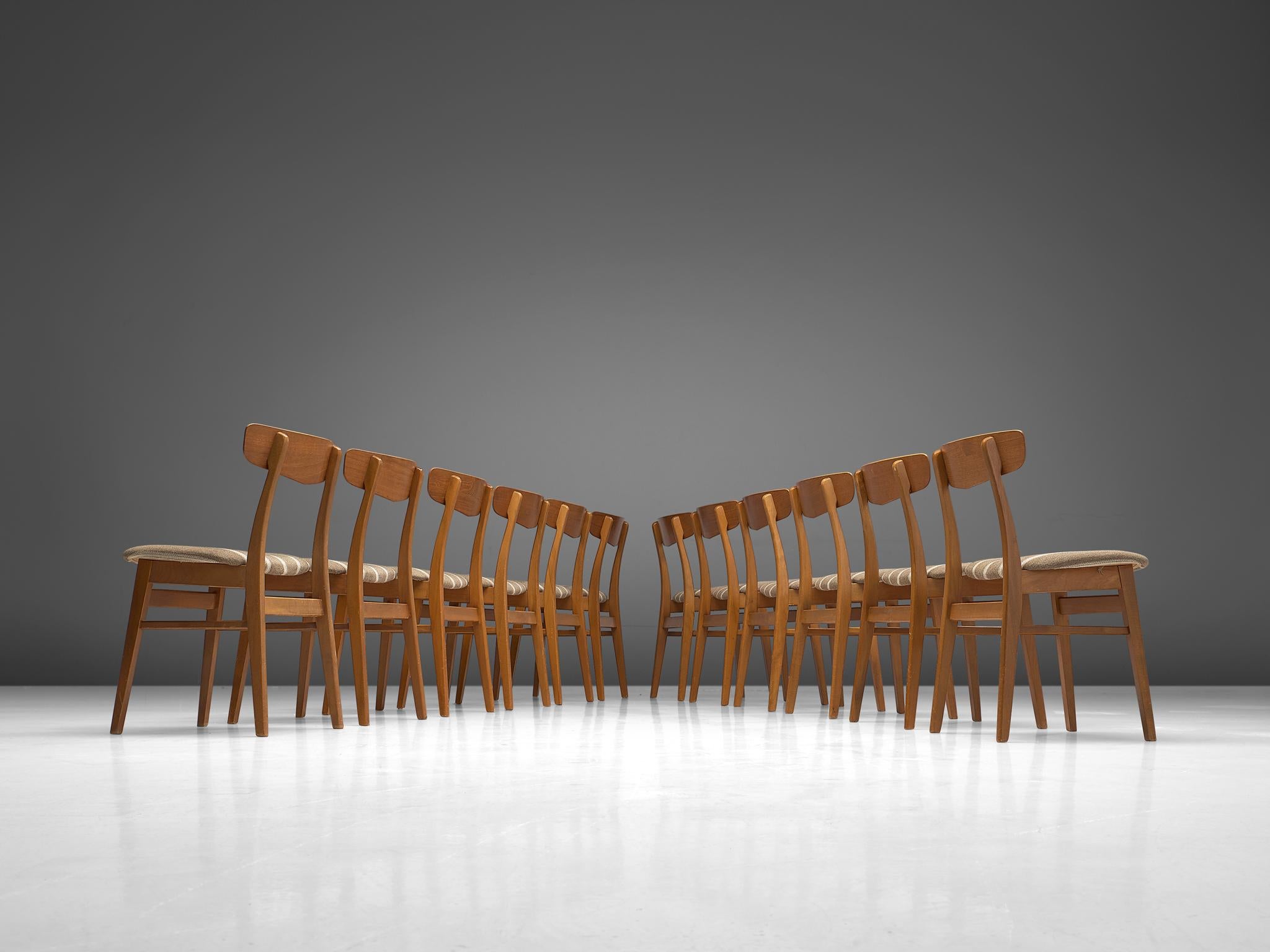 Fabric Danish Dining Chairs in Teak and Beige Striped Upholstery