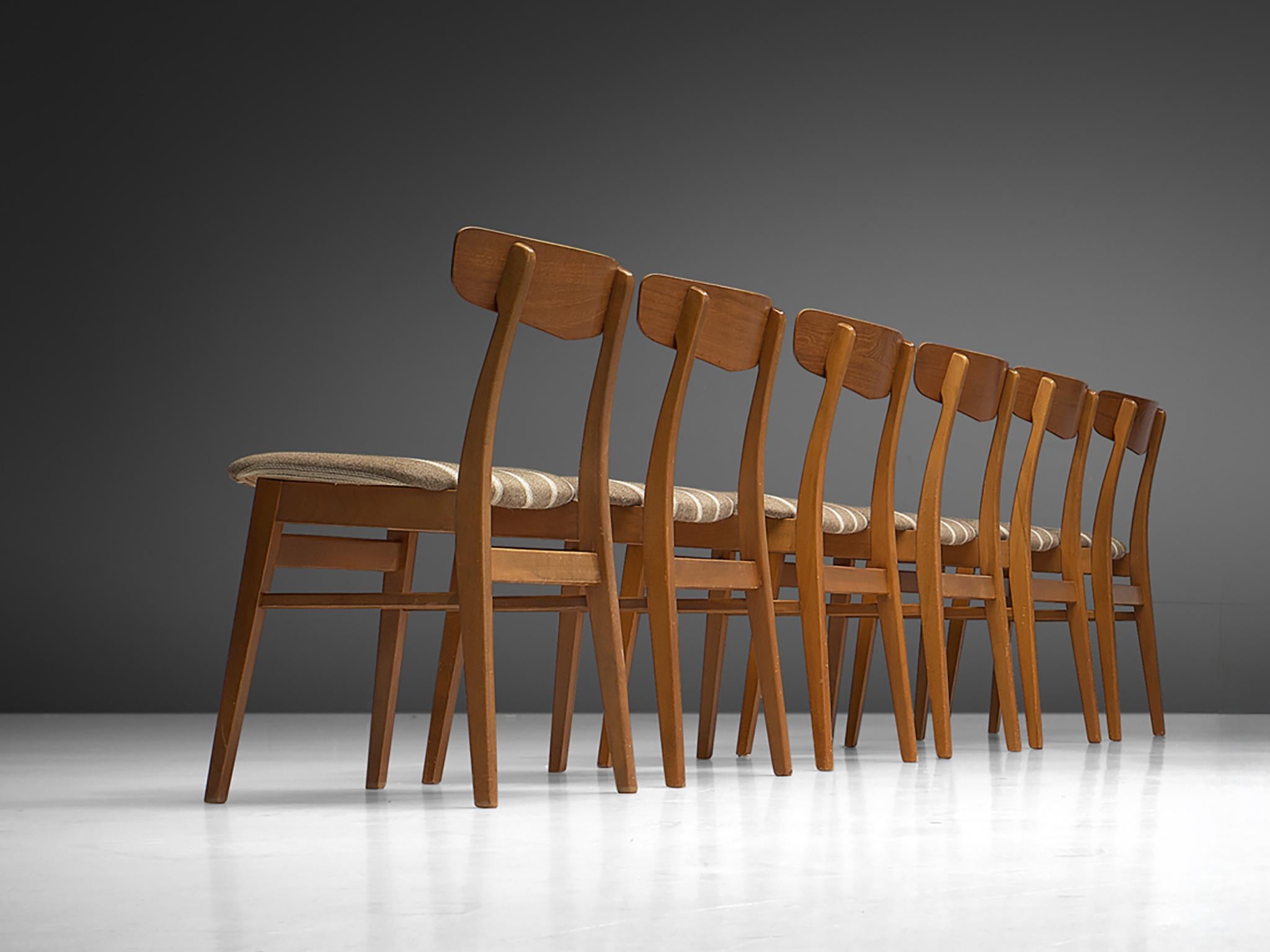Fabric Danish Dining Chairs in Teak and Beige Striped Upholstery