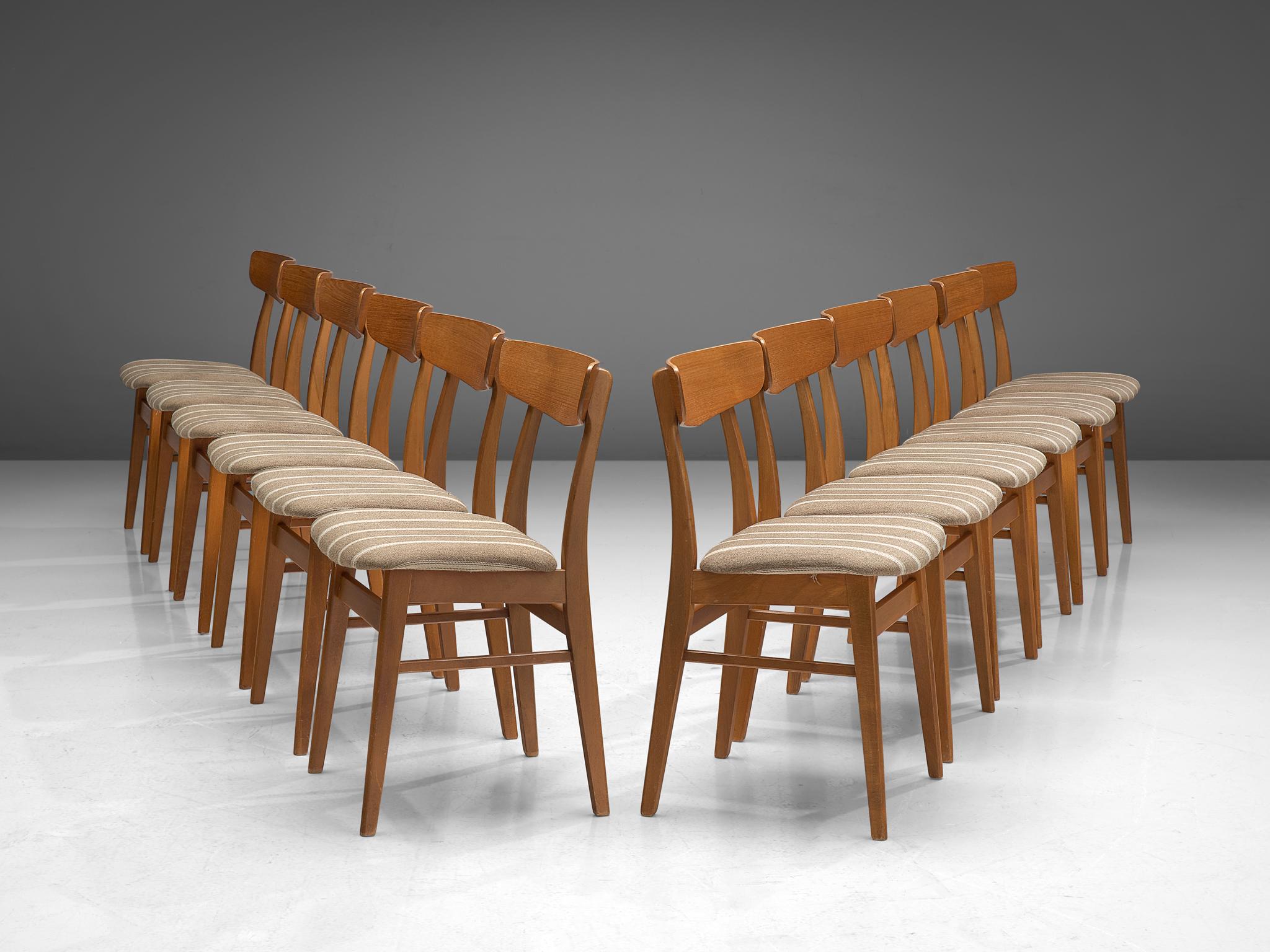 Danish Dining Chairs in Teak and Beige Striped Upholstery 2